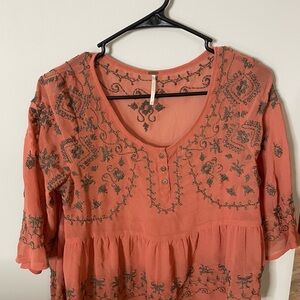 Free People Burnt Orange Embellished 3/4 Sleeve Blouse XS Excellent Condition
